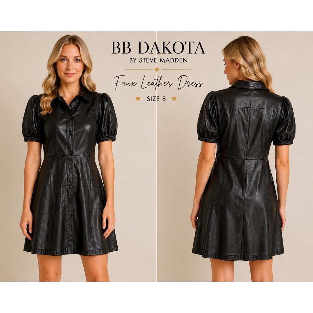 BB Dakota Steve Madden Womens Black Faux Leather Puff Sleeve Mini Dress Size 8